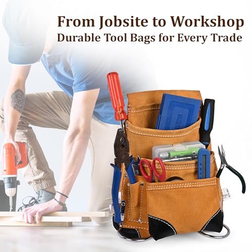 PAHAL Leather Heavy Duty Tool Belt with Suspenders, 10 Pockets (Tan) view 4