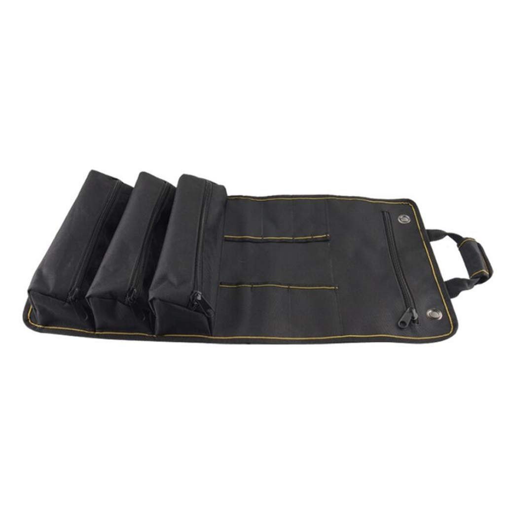 PAHAL Roll-Up Wrench Tool Pouch, Long, with Zipper Compartments (Black)