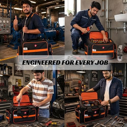 PAHAL Heavy Duty 24L Tool Bag with Shoulder Strap (Waterproof Nylon, Black/Orange) view 4