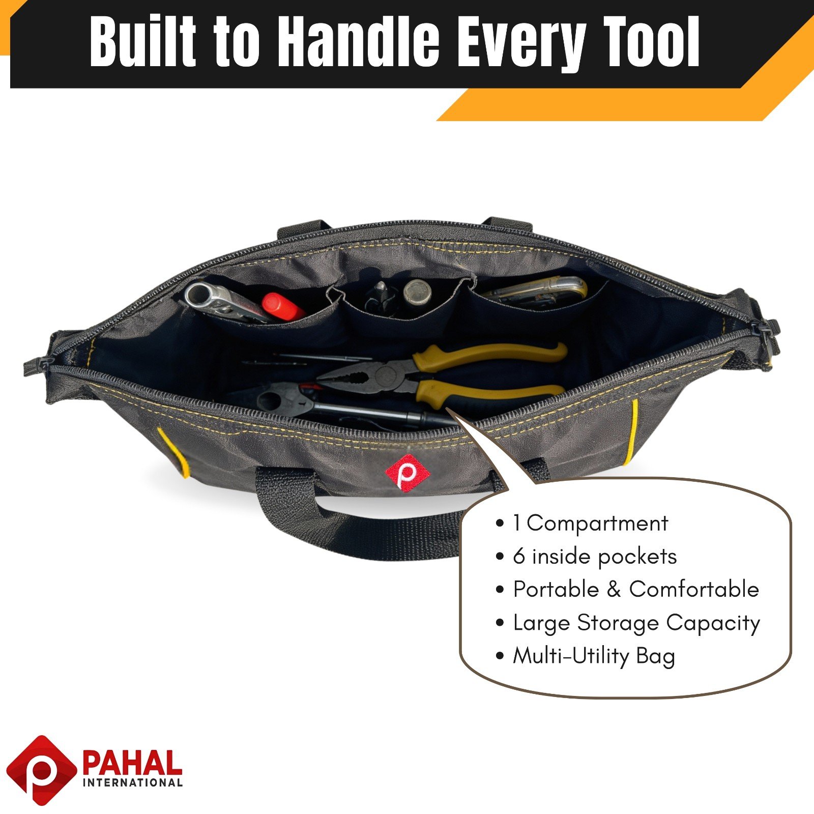 PAHAL Heavy Duty Electrician Tool Bag with Zipper | Durable Fabric Tool Kit Storage Bag with Carry Handles | Professional Tool Organizer for Technician, Carpenter, Mechanic, Plumber – Black view 2