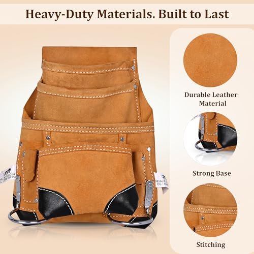 PAHAL Leather Heavy Duty Tool Belt with Suspenders, 10 Pockets (Tan) view 7