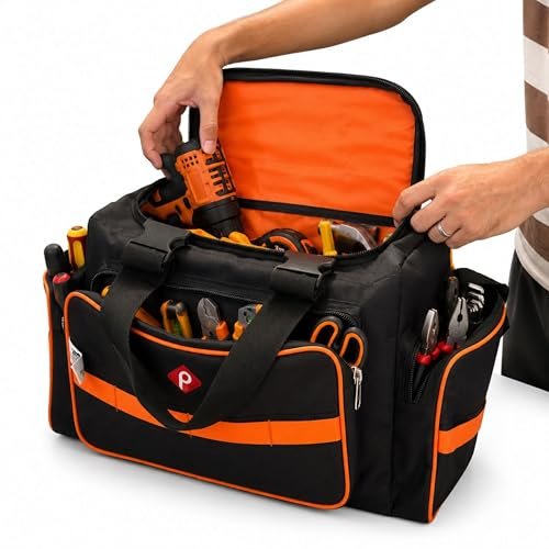 PAHAL Heavy Duty 24L Tool Bag with Shoulder Strap (Waterproof Nylon, Black/Orange) view 2