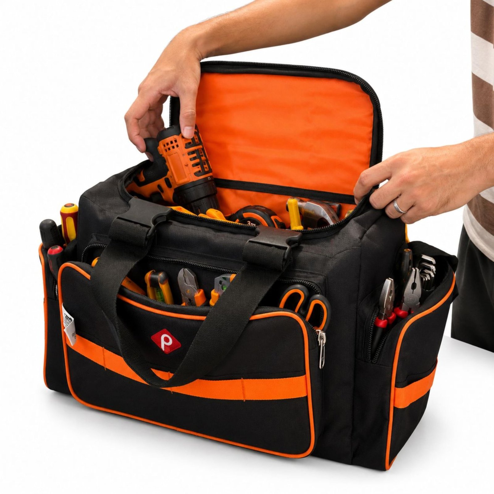 PAHAL Heavy Duty 24L Tool Bag with Shoulder Strap (Waterproof Nylon, Black/Orange)