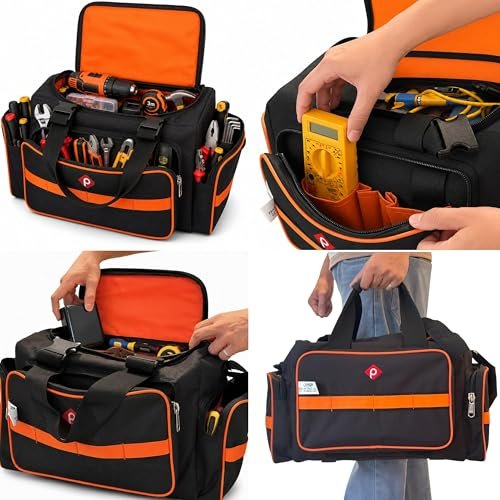 PAHAL Heavy Duty 24L Tool Bag with Shoulder Strap (Waterproof Nylon, Black/Orange) view 3