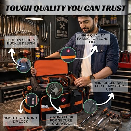 PAHAL Heavy Duty 24L Tool Bag with Shoulder Strap (Waterproof Nylon, Black/Orange) view 5