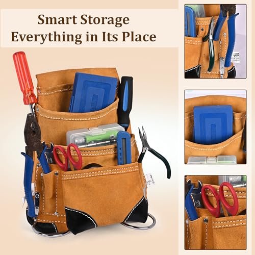 PAHAL Leather Heavy Duty Tool Belt with Suspenders, 10 Pockets (Tan) view 3