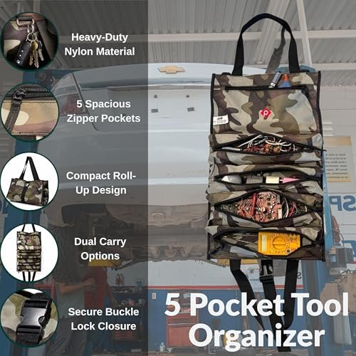 PAHAL Roll-Up Waterproof Nylon Wrench Pouch with 5 Zipper Pockets (Army Camouflage) view 3