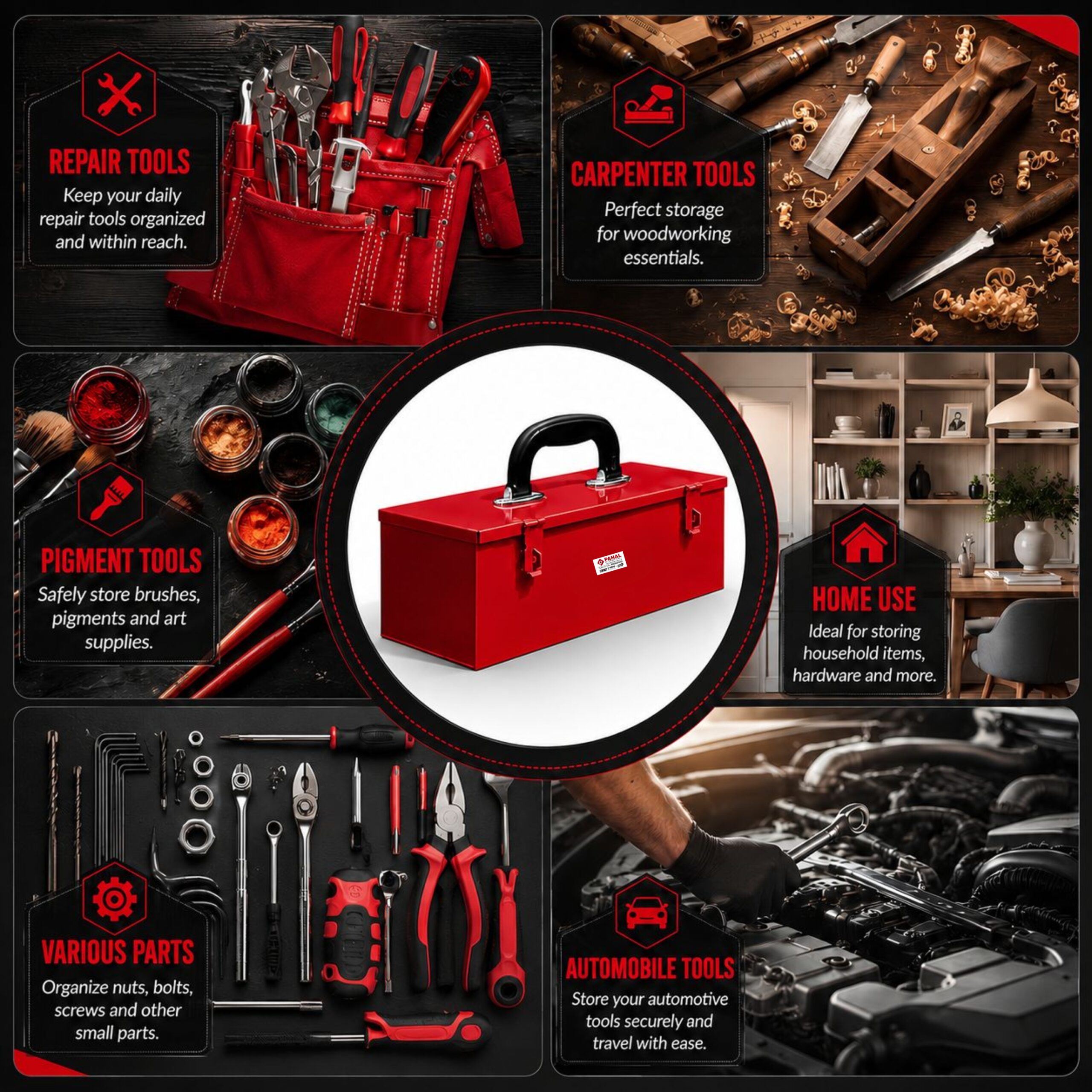 PAHAL Metal Tool Box 16 x 5 x 5.5 Inch, Heavy Duty Steel Tool Storage Box for Mechanic, Electrician & Home Use (Red, Portable, Empty) - Image 9