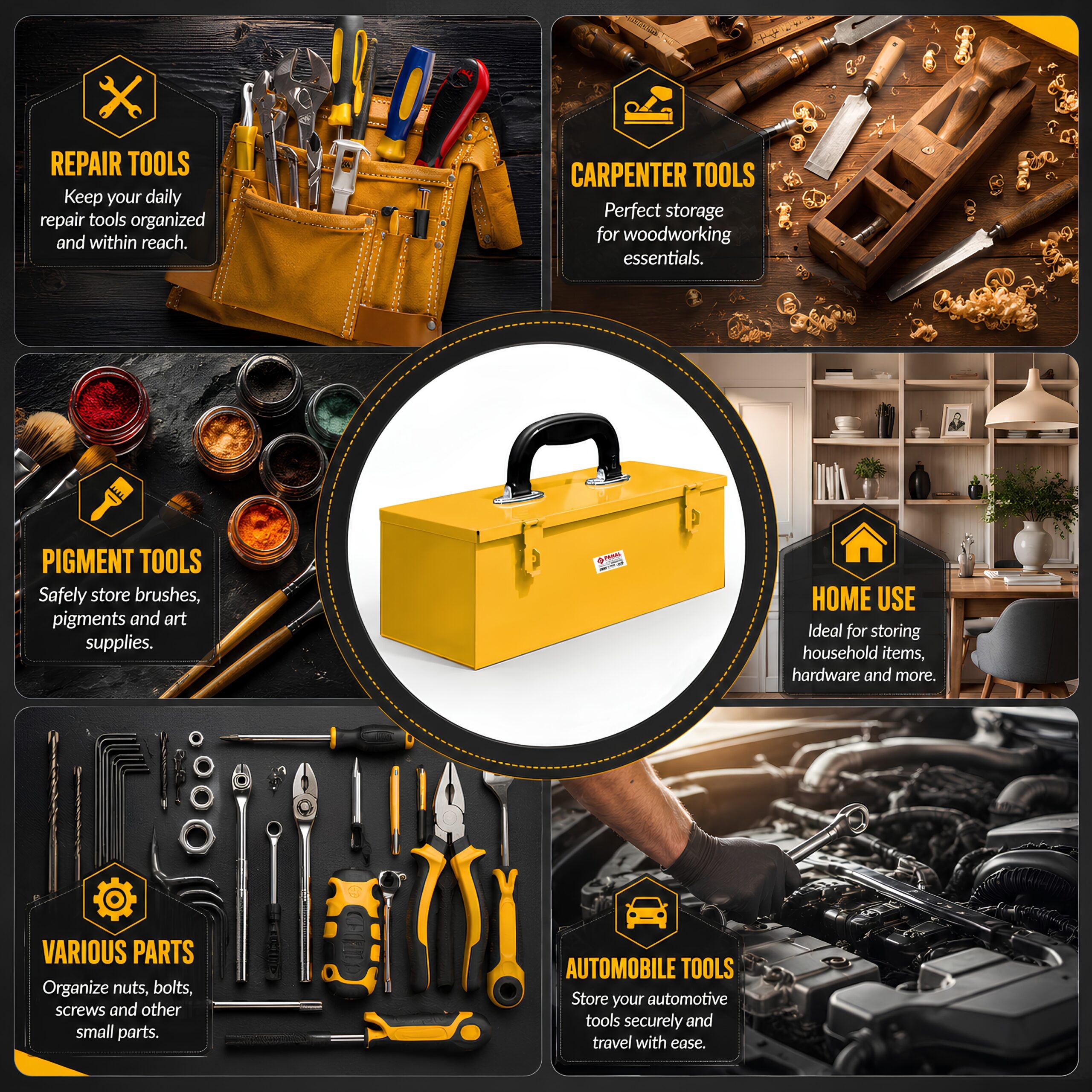 PAHAL 16 Inch Metal Tool Box – Heavy Duty Portable Tool Storage Box with Single Compartment for Electrician, Plumber, Technician, Carpenter & Mechanic, for Domestic & Industrial Use, Yellow - Image 9
