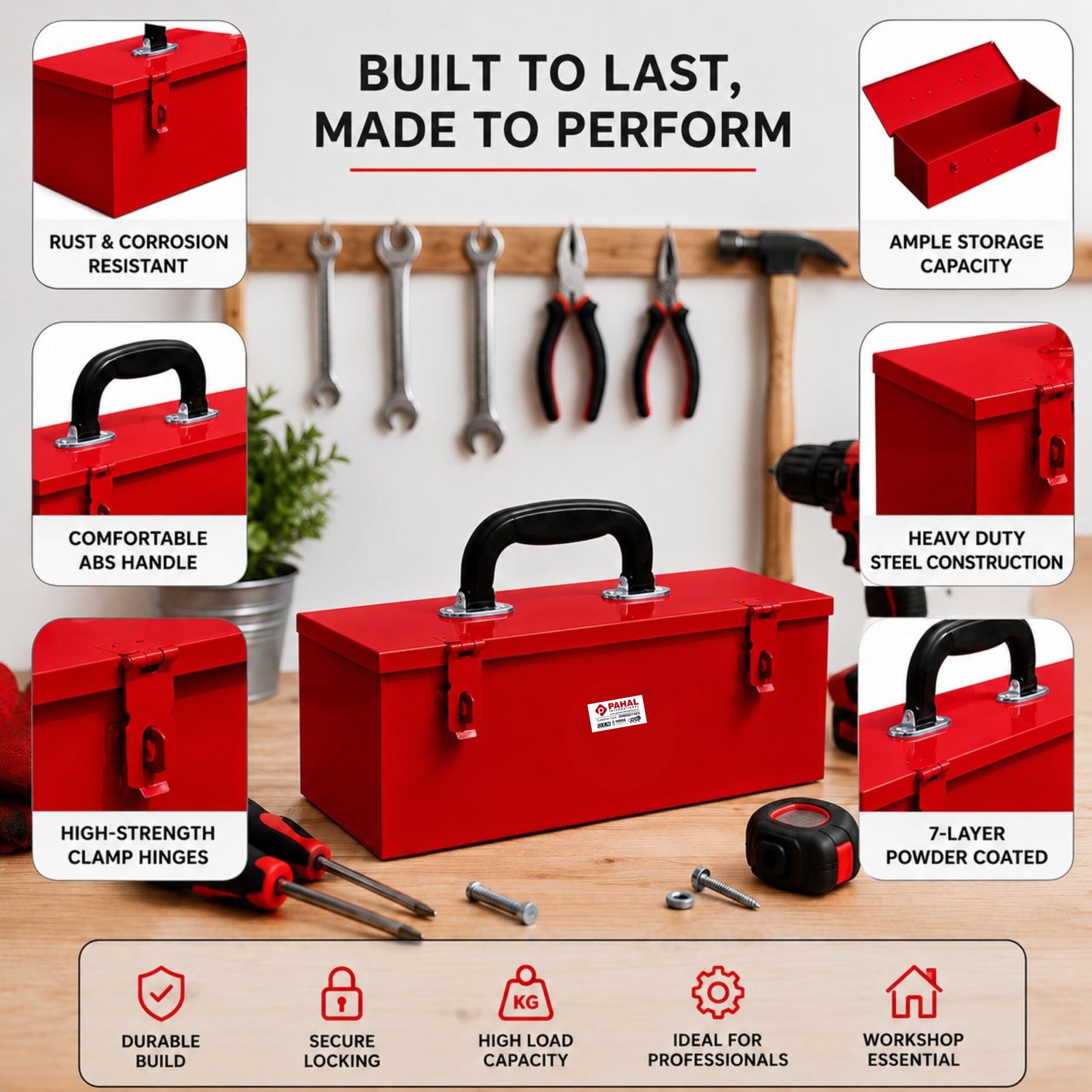 PAHAL Metal Tool Box 16 x 5 x 5.5 Inch, Heavy Duty Steel Tool Storage Box for Mechanic, Electrician & Home Use (Red, Portable, Empty) - Image 6