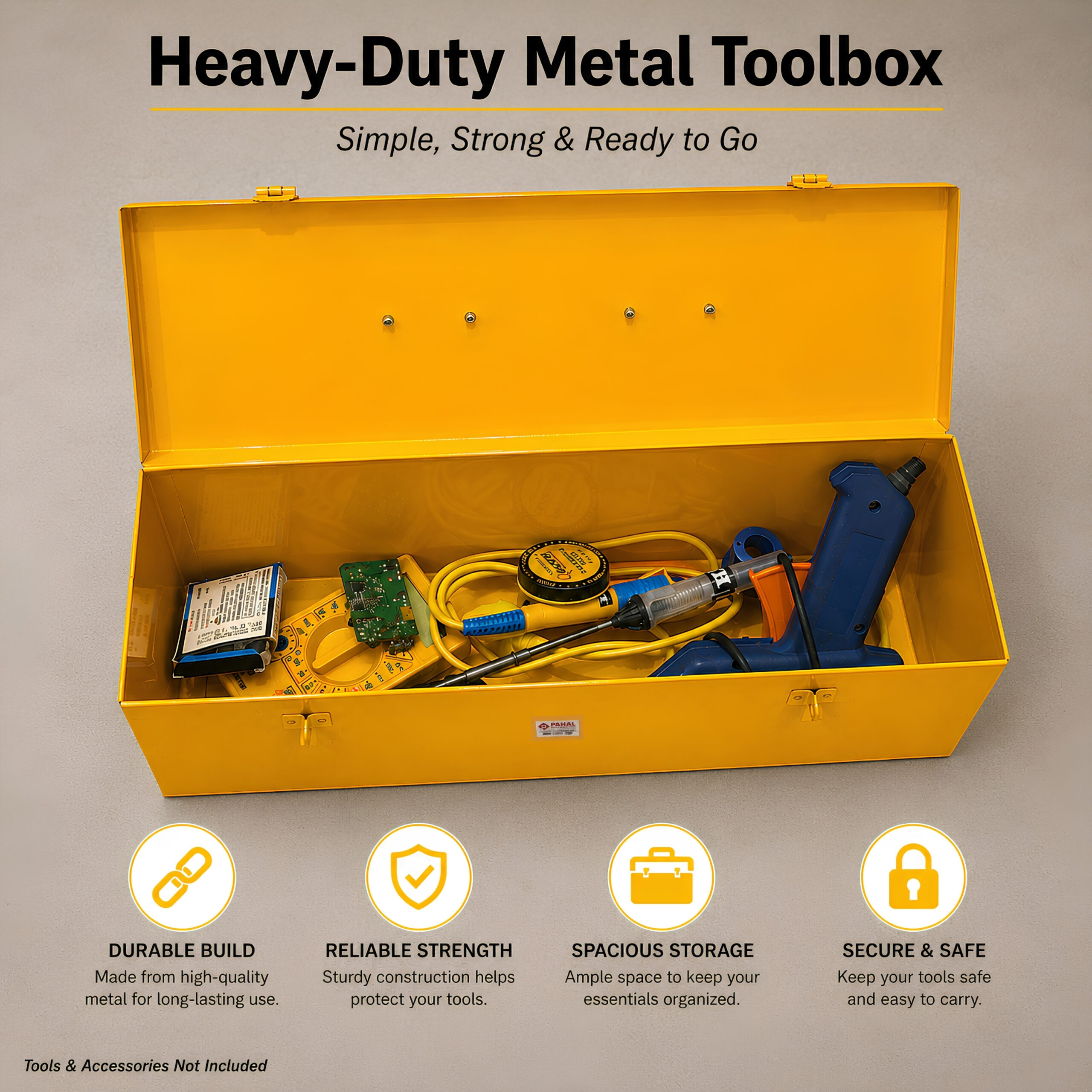 PAHAL 16 Inch Metal Tool Box – Heavy Duty Portable Tool Storage Box with Single Compartment for Electrician, Plumber, Technician, Carpenter & Mechanic, for Domestic & Industrial Use, Yellow - Image 4