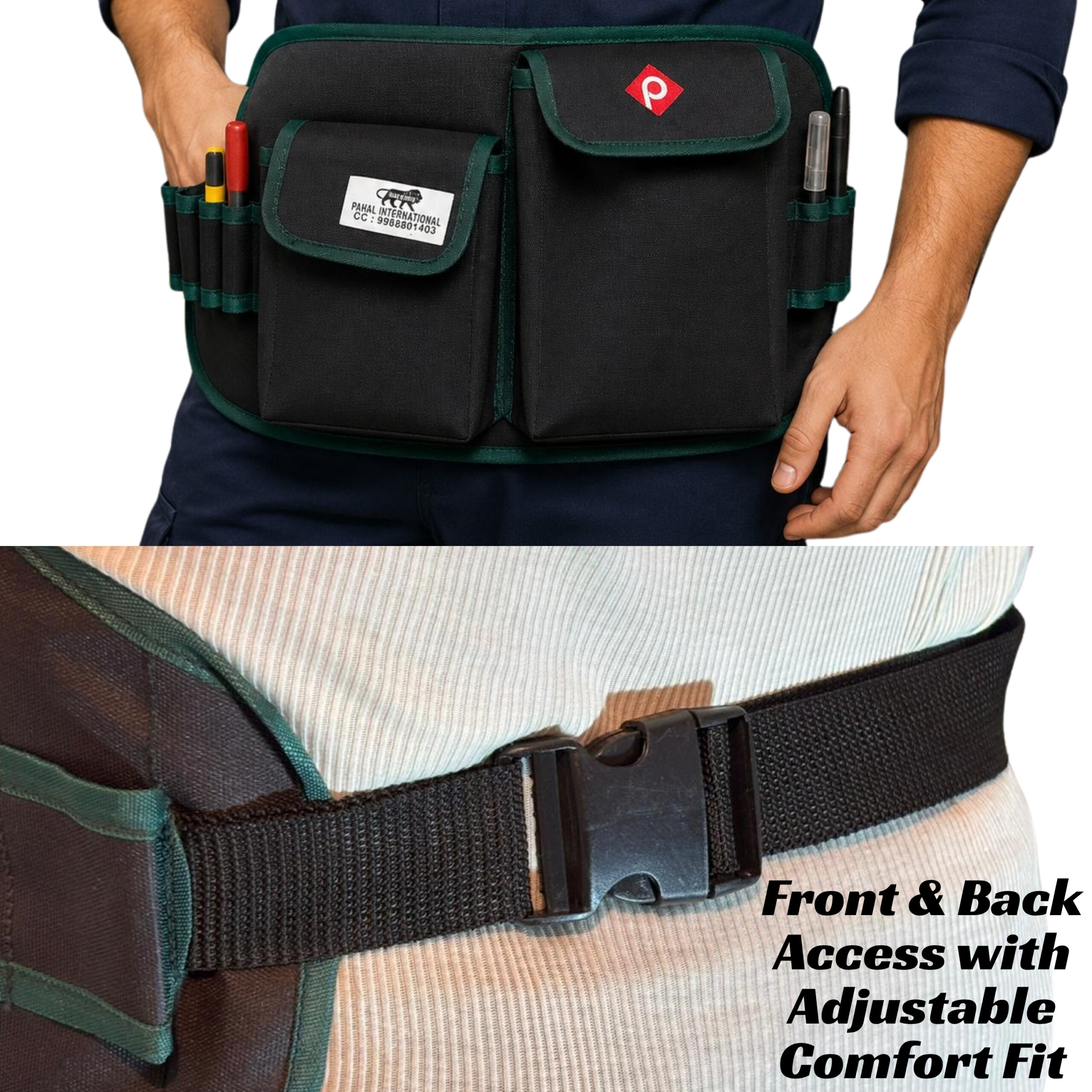PAHAL Adjustable Tool Belt for Electrician, Carpenter & Construction Worker – Heavy Duty Utility Waist Pouch with Multiple Pockets, Tool Organizer, 24 Inch Length, Fits Waist 25-52 Inch, Black - Image 2