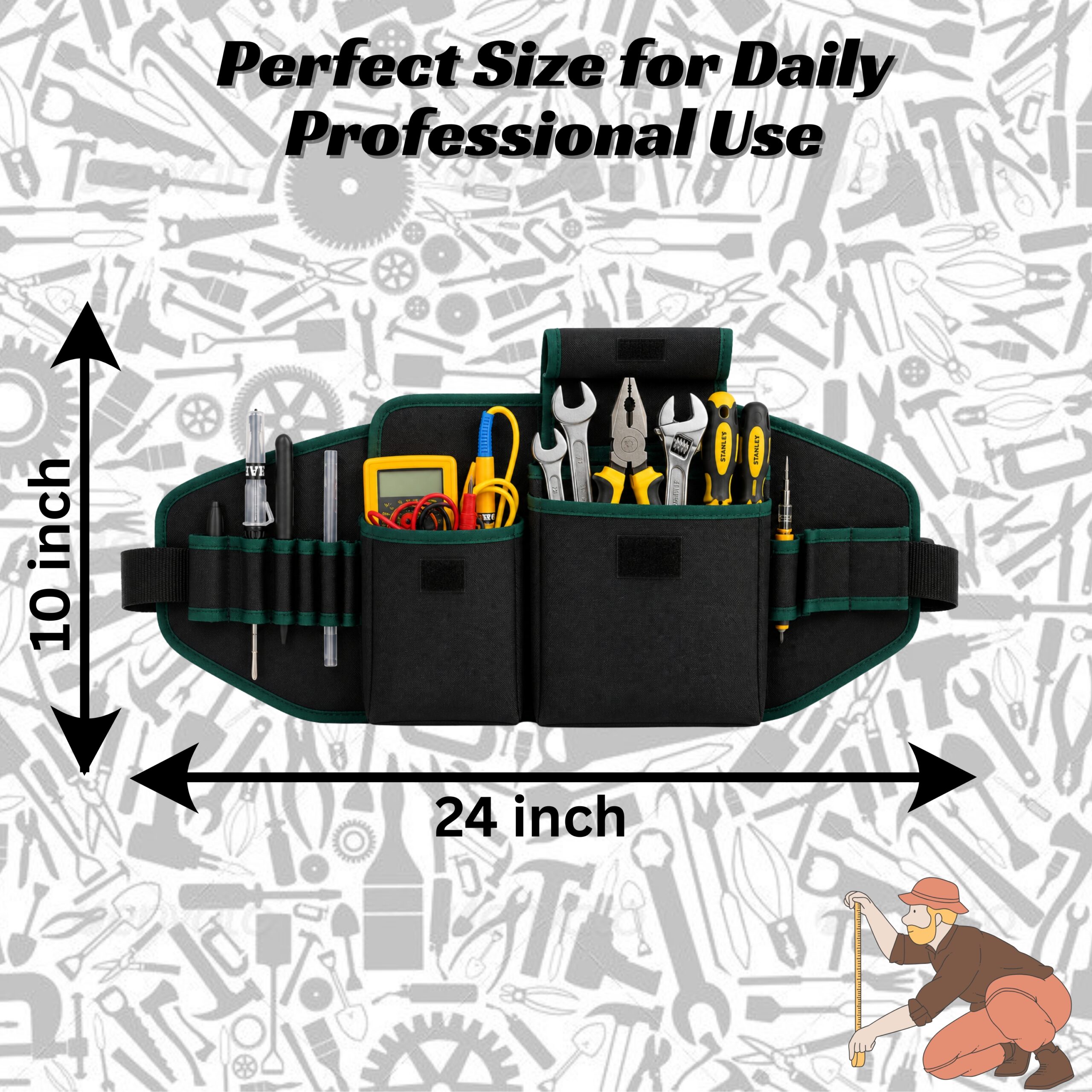 PAHAL Adjustable Tool Belt for Electrician, Carpenter & Construction Worker – Heavy Duty Utility Waist Pouch with Multiple Pockets, Tool Organizer, 24 Inch Length, Fits Waist 25-52 Inch, Black - Image 4
