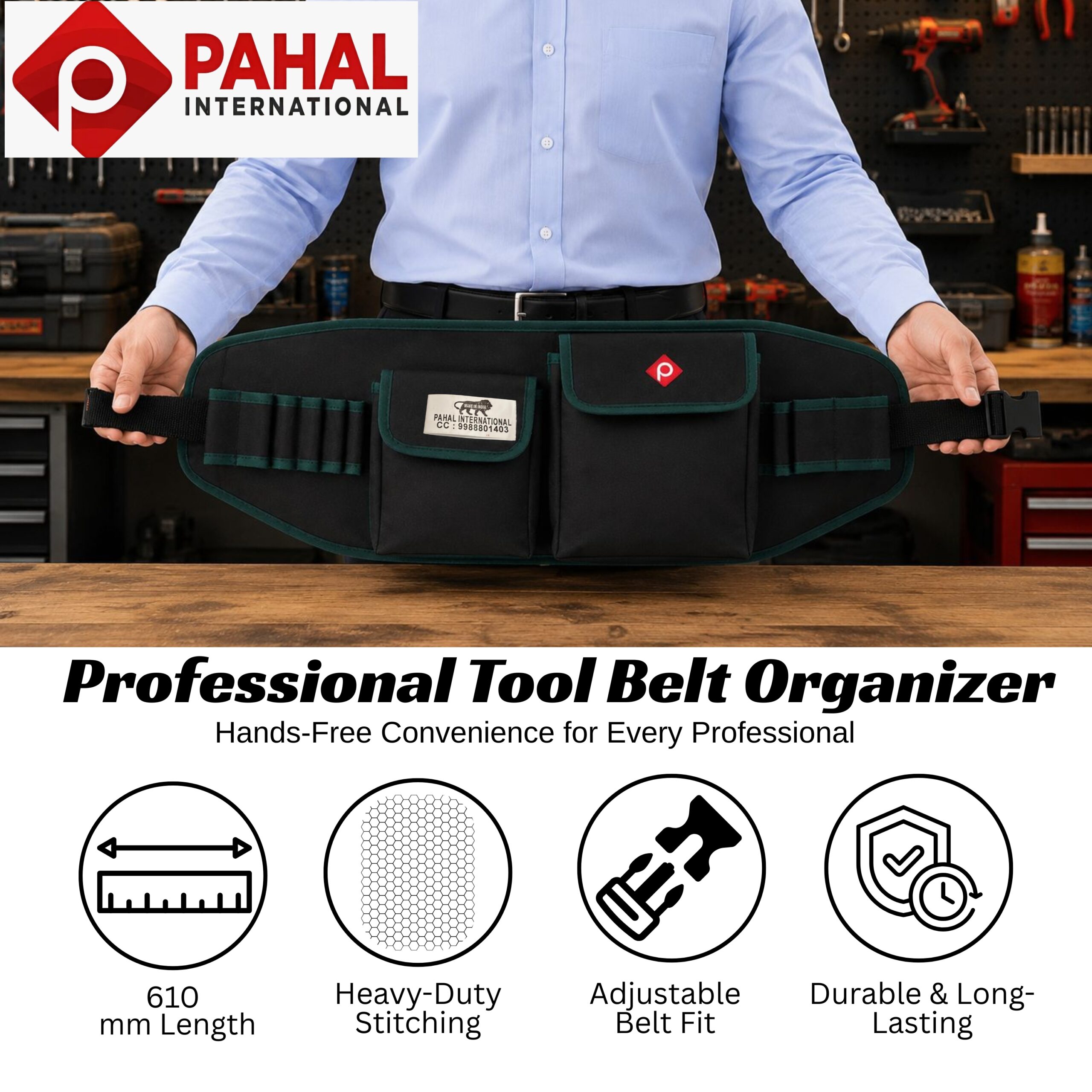 PAHAL Adjustable Tool Belt for Electrician, Carpenter & Construction Worker – Heavy Duty Utility Waist Pouch with Multiple Pockets, Tool Organizer, 24 Inch Length, Fits Waist 25-52 Inch, Black - Image 6
