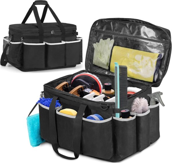 PAHAL Extra-Large Cleaning Caddy, High Capacity Cleaning Supplies Organizer for Housekeeping & Home Work, Car Detailing Tools Tote Bag with Shoulder Strap, Trunk Organizer Black