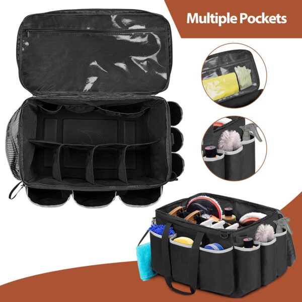 PAHAL Extra-Large Cleaning Caddy, High Capacity Cleaning Supplies Organizer for Housekeeping & Home Work, Car Detailing Tools Tote Bag with Shoulder Strap, Trunk Organizer Black - Image 2