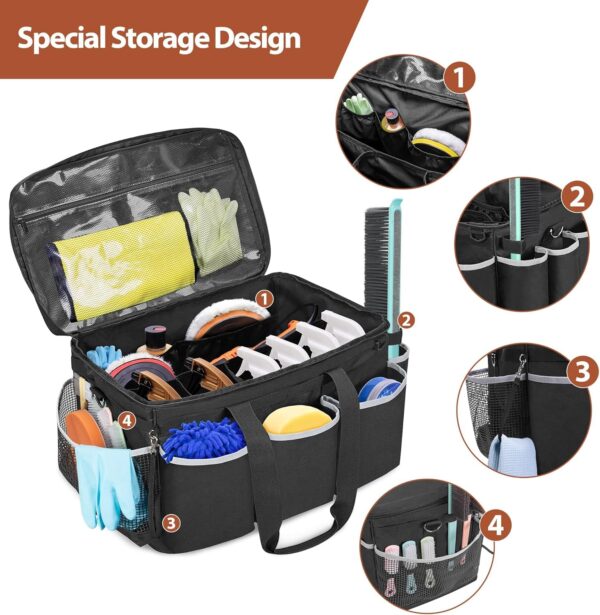 PAHAL Extra-Large Cleaning Caddy, High Capacity Cleaning Supplies Organizer for Housekeeping & Home Work, Car Detailing Tools Tote Bag with Shoulder Strap, Trunk Organizer Black - Image 3