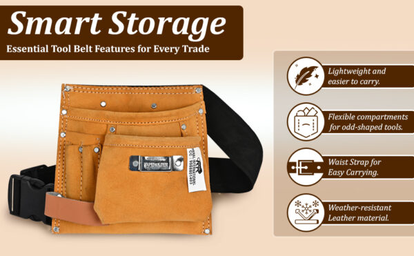PAHAL Leather Tool Bag 4 Pockets with 1 Leather Hammer Holder and 1 Tape Holder (Brown, 8 x 8.5 inches) - Image 7